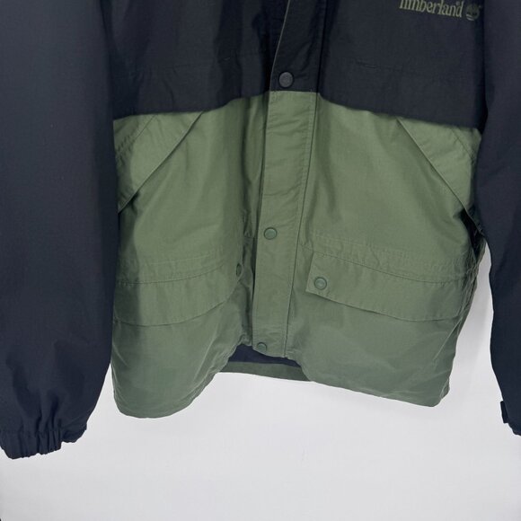 Timberland Weathergear Ski Jacket Mens Medium Green Black Nylon Hood Pockets - Picture 3 of 12